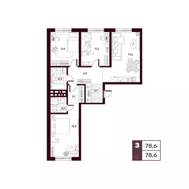 3-к кв. Тюменская область, Тюменский муниципальный округ, д. Дударева ... - Фото 1