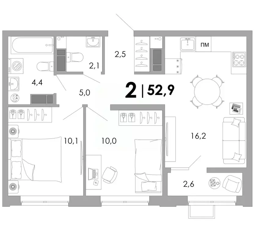 2-к кв. Владимирская область, Владимир Уно жилой комплекс (52.9 м) - Фото 1