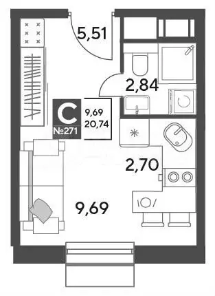 Квартира-студия, 20,7 м, 12/12 эт. - Фото 0