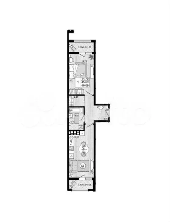 1-к. квартира, 49,1 м, 3/8 эт. - Фото 1