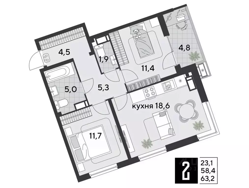 2-к кв. Краснодарский край, Краснодар Парк Победы мкр,  (63.2 м) - Фото 1