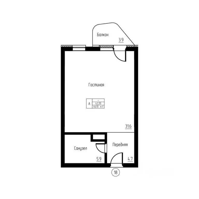 Студия Калининградская область, Светлогорск ул. Верещагина, 8 (46.1 м) - Фото 1