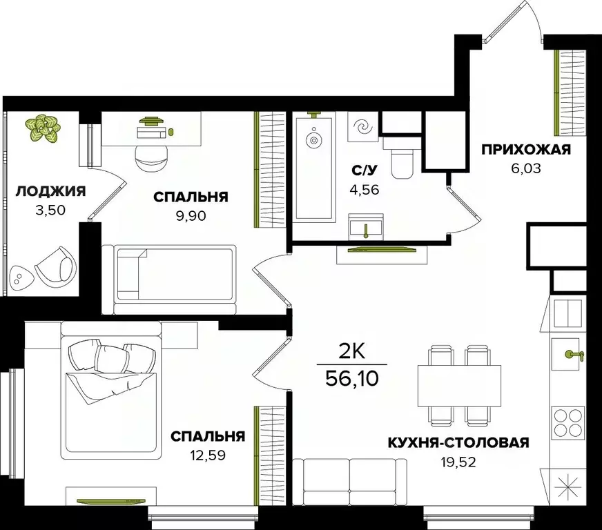2-к кв. Тульская область, Тула  (56.1 м) - Фото 0