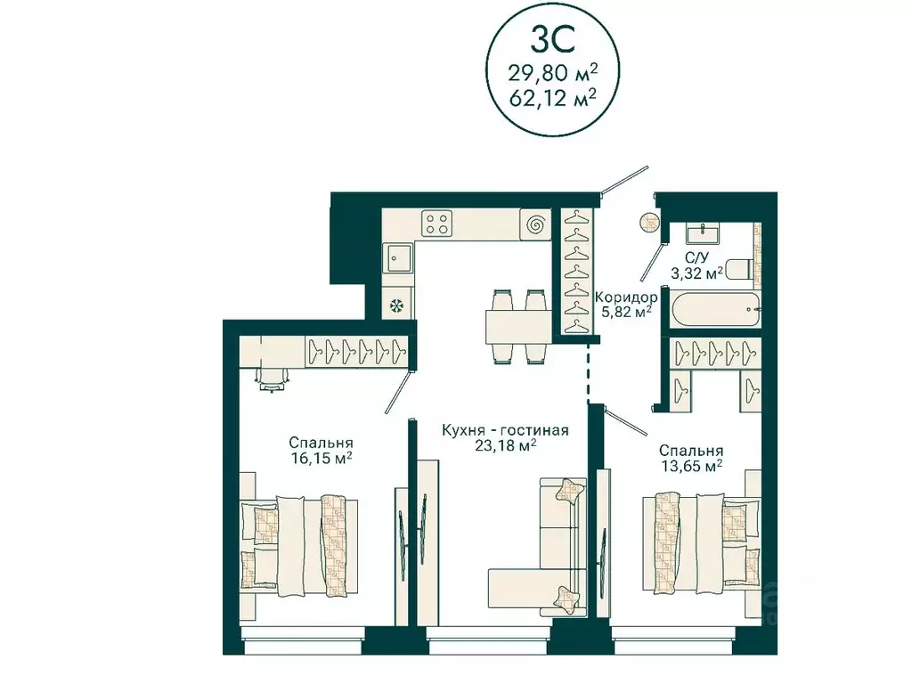 3-к кв. Башкортостан, Уфа Сердце Уфы жилой комплекс (62.12 м) - Фото 2