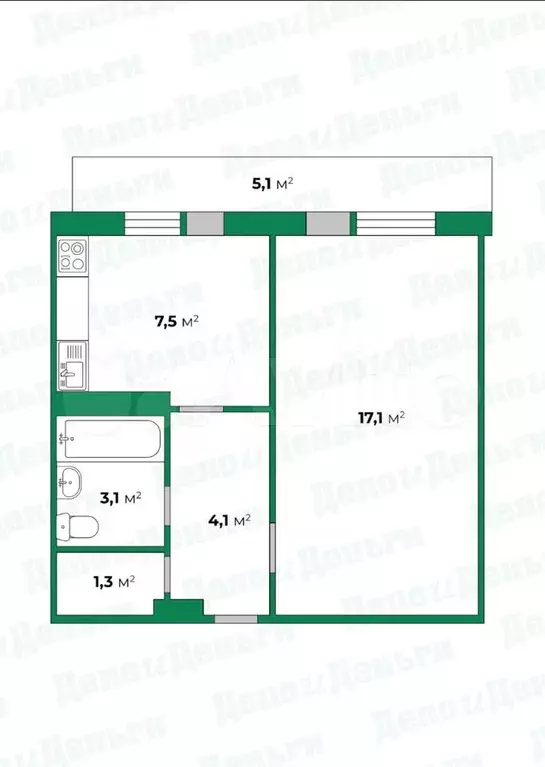 1-к. квартира, 33,1 м, 4/5 эт. - Фото 0