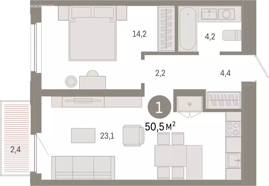 1-комнатная квартира: Тюмень, Мысовская улица, 26к2 (50.47 м) - Фото 0