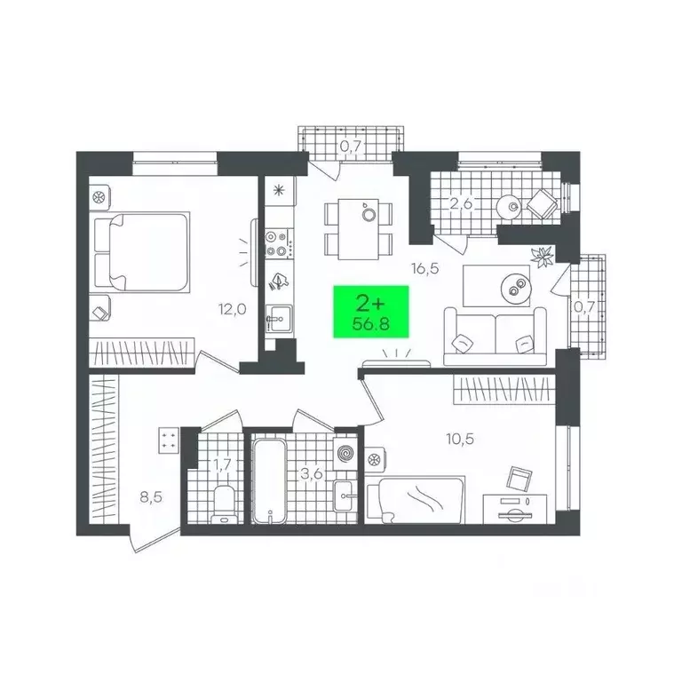 2-к кв. Тюменская область, Тюмень Комарово Парк жилрайон,  (56.8 м) - Фото 1