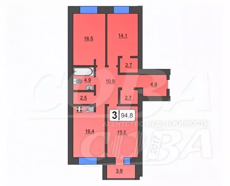 3-к кв. Тюменская область, Тюмень Полевая ул., 105к2 (91.5 м) - Фото 2