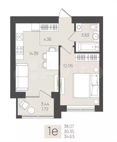 1-к. квартира, 36,4 м, 2/5 эт. - Фото 1