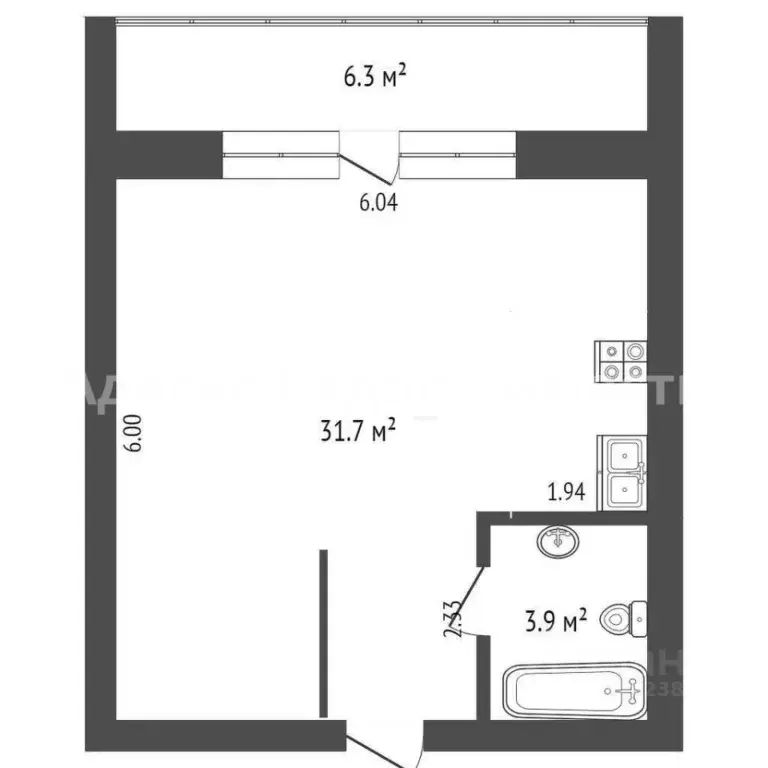 Студия Тюменская область, Тюмень ул. Газовиков, 33 (35.6 м) - Фото 1