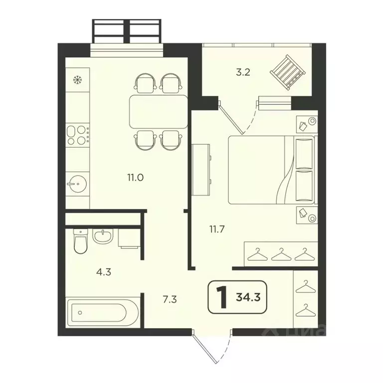 1-к кв. Тюменская область, Тюмень  (34.3 м) - Фото 1