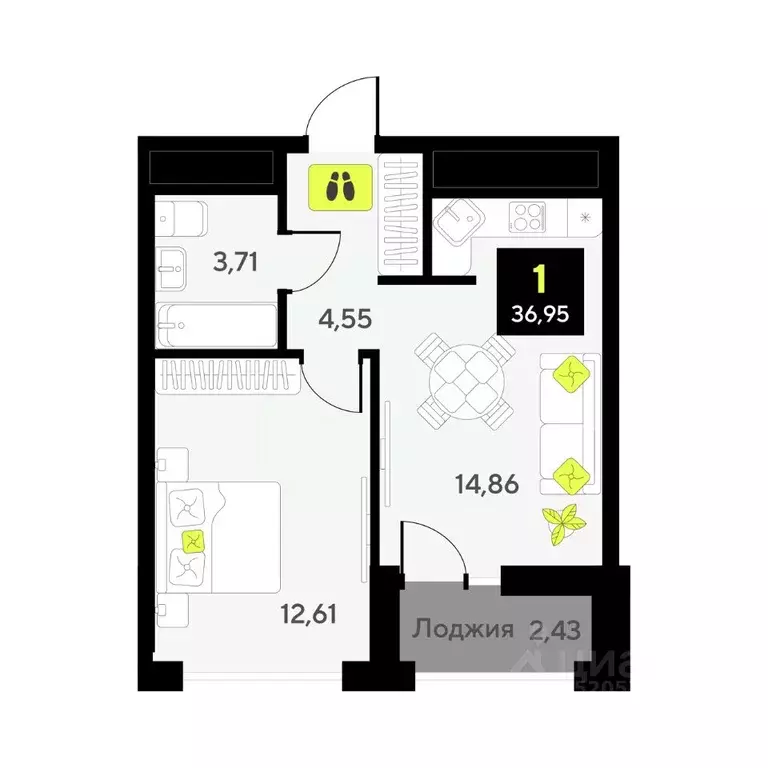 1-к кв. Тюменская область, Тюмень ул. Андрея Приказнова, 7 (36.95 м) - Фото 1