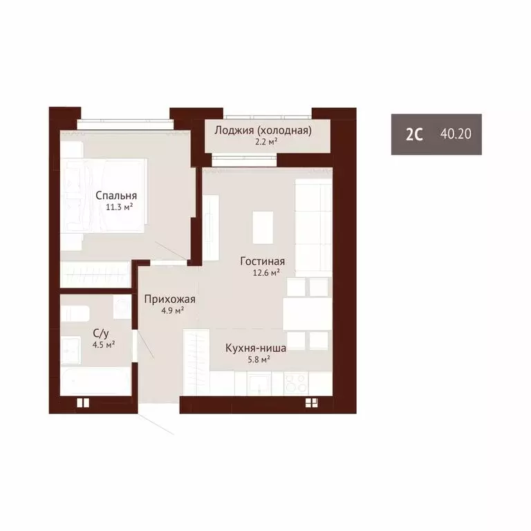 2-комнатная квартира: Новокузнецк, Центральный район (40.2 м) - Фото 1