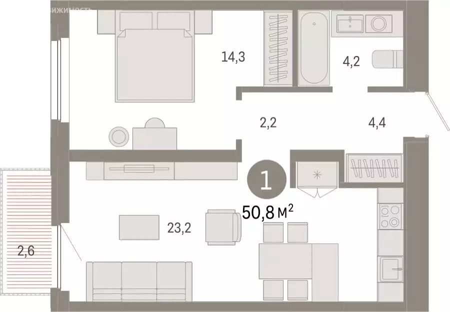 1-комнатная квартира: Тюмень, Мысовская улица, 26к2 (50.75 м) - Фото 1