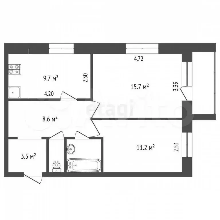 2-к. квартира, 52,7 м, 3/4 эт. - Фото 0