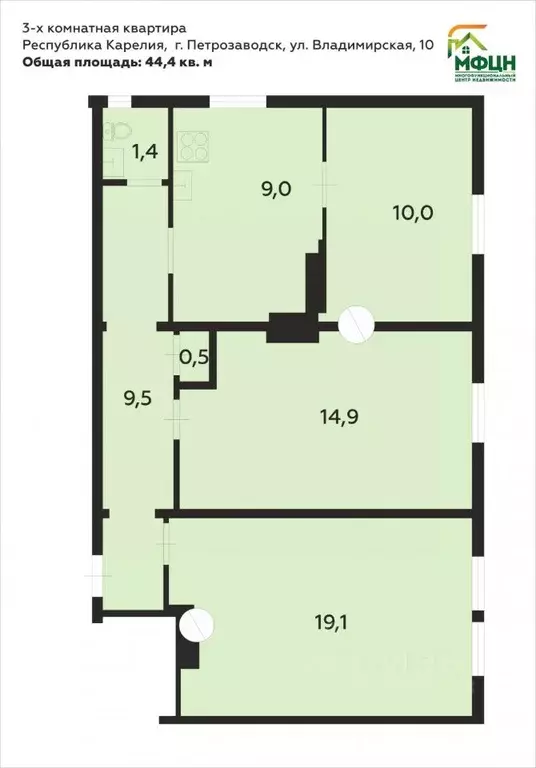 3-к кв. Карелия, Петрозаводск Владимирская ул., 10 (44.0 м) - Фото 0