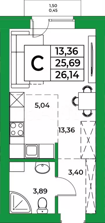 1-к. квартира, 26,1 м, 7/9 эт. - Фото 0