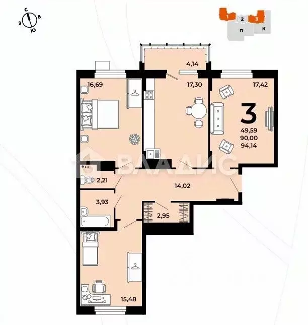 3-к кв. Пензенская область, Пенза ул. Богданова, 34 (94.14 м) - Фото 2