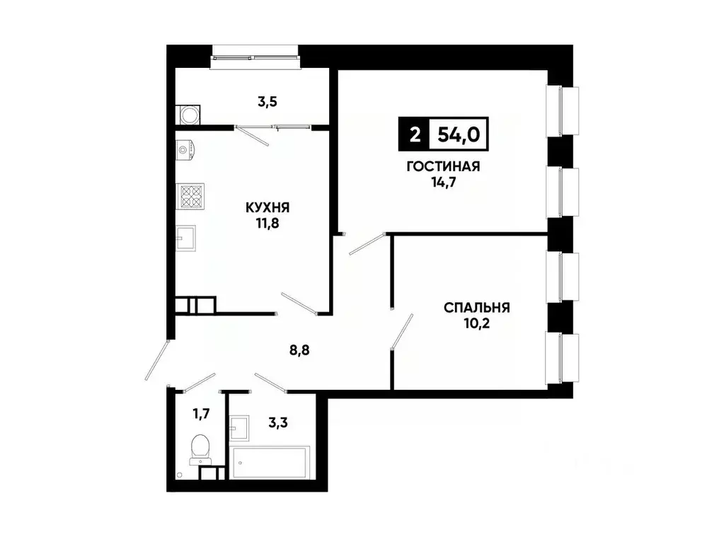 2-к кв. Ставропольский край, Ставрополь ул. Андрея Голуба, 12к8 (54.0 ... - Фото 0