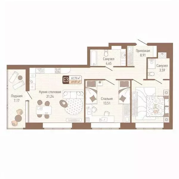 2-к кв. Тульская область, Тула Кулик жилой комплекс (66.29 м) - Фото 0