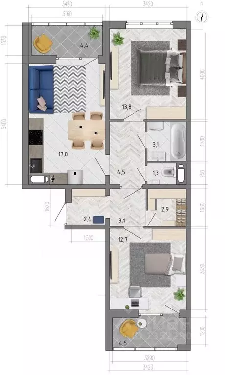 2-к кв. Воронежская область, Воронеж ул. Федора Тютчева, 105 (66.1 м) - Фото 1
