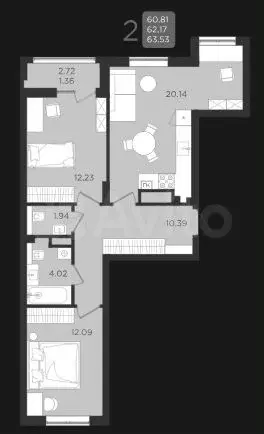 2-к. квартира, 63,5 м, 8/9 эт. - Фото 1