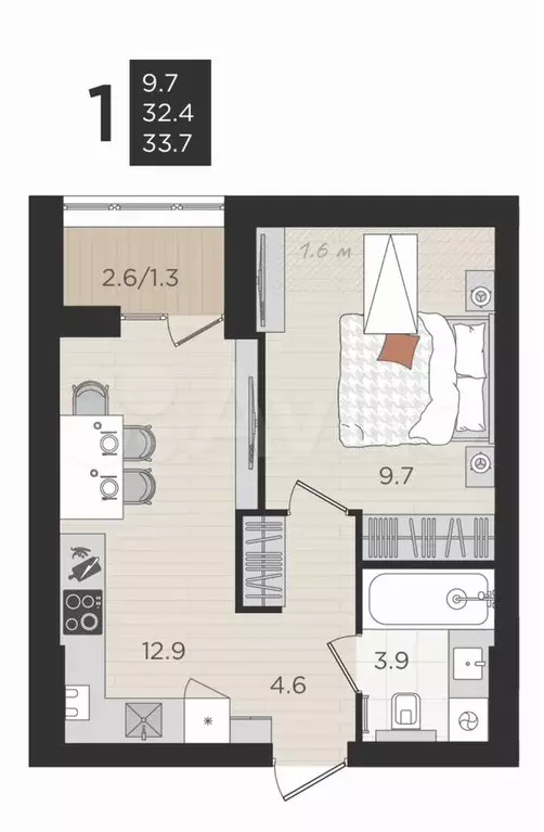 1-к. квартира, 32,7 м, 4/4 эт. - Фото 1