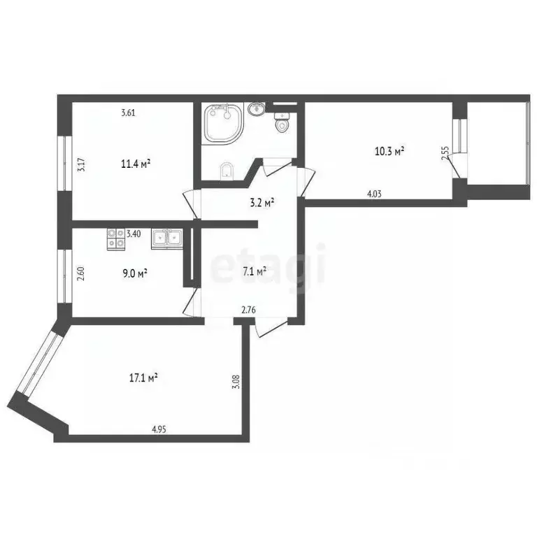 3-к кв. Архангельская область, Архангельск ул. Полины Осипенко, 9 ... - Фото 2