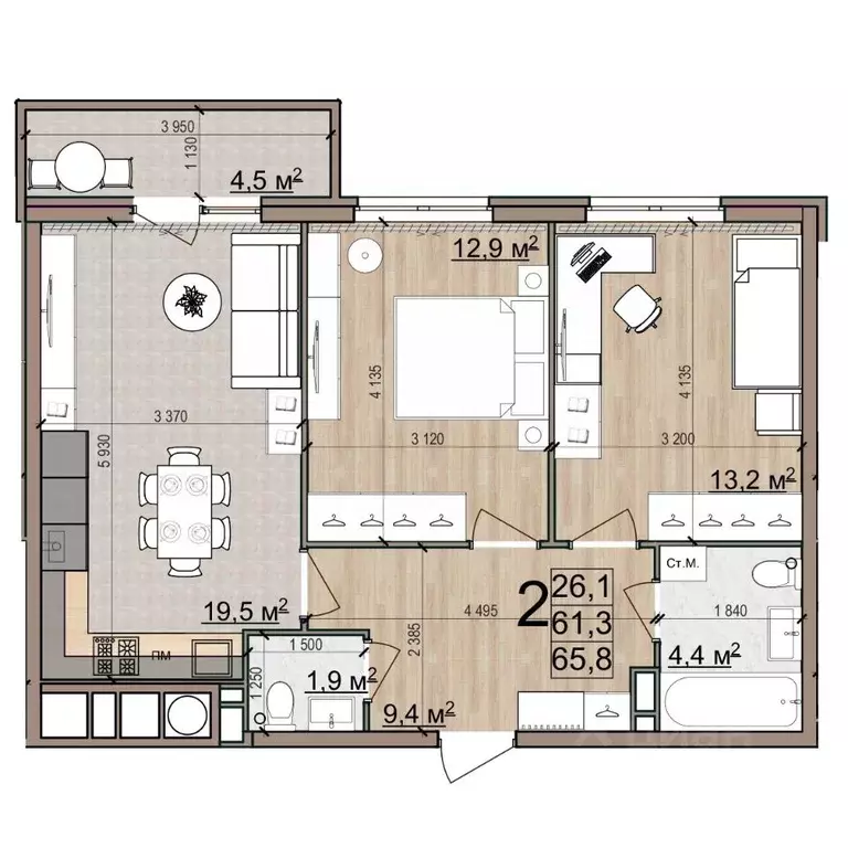 2-к кв. Рязанская область, Рязань Еврокласс жилой комплекс (65.8 м) - Фото 1