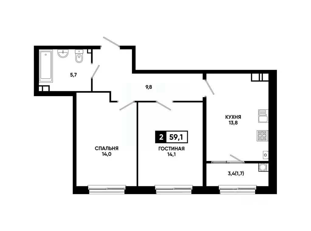 2-к кв. Ставропольский край, Ставрополь ул. Доваторцев, 179Гк1 (59.1 ... - Фото 1