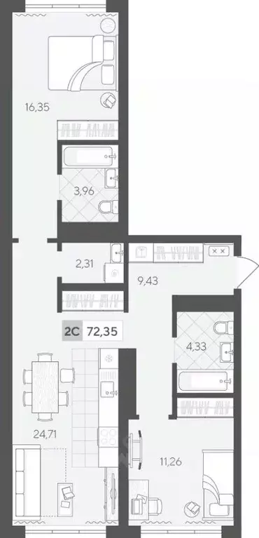 2-к кв. Тюменская область, Тюмень ул. Сергея Корепанова, 34 (72.35 м) - Фото 1