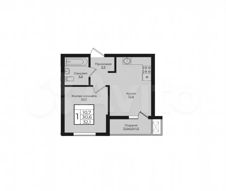 1-к. квартира, 32,1 м, 1/9 эт. - Фото 1