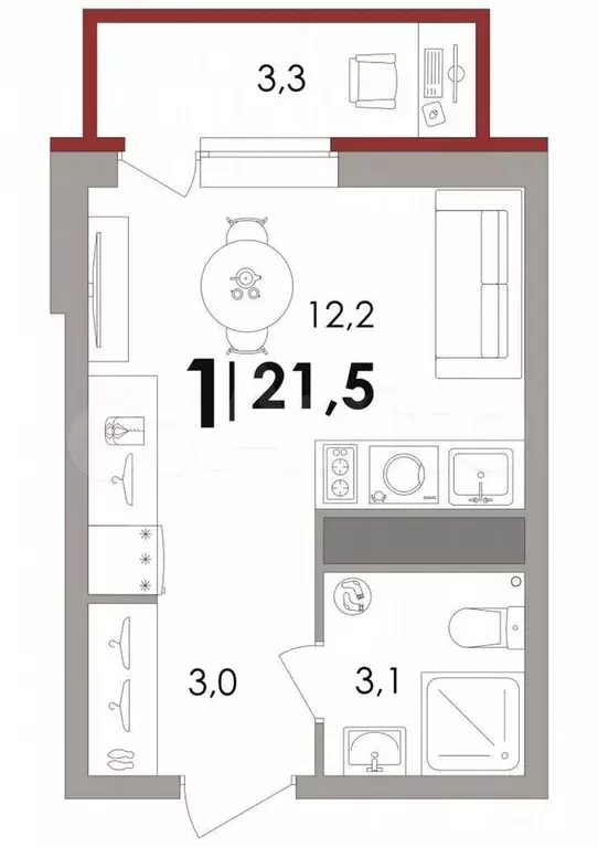 Квартира-студия, 21,5 м, 2/18 эт. - Фото 1