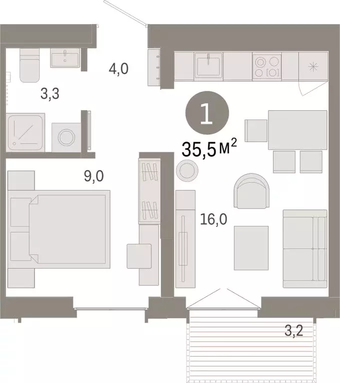 1-комнатная квартира: Тюмень, жилой комплекс Республики 205 (35.47 м) - Фото 0