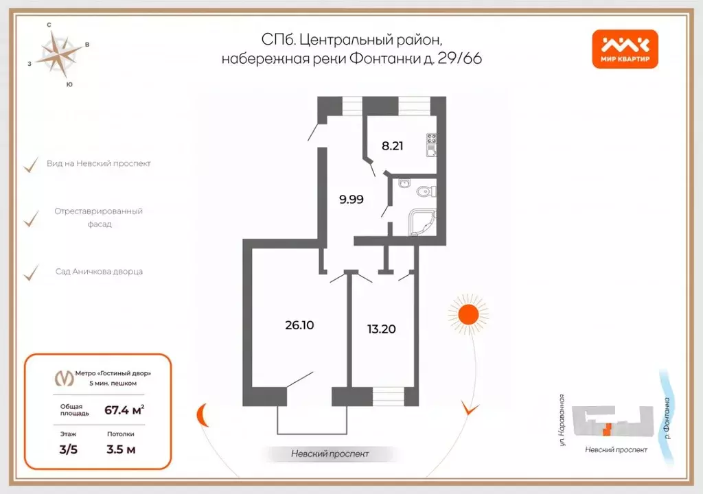2-к кв. Санкт-Петербург наб. Реки Фонтанки, 29/66 (67.4 м) - Фото 1