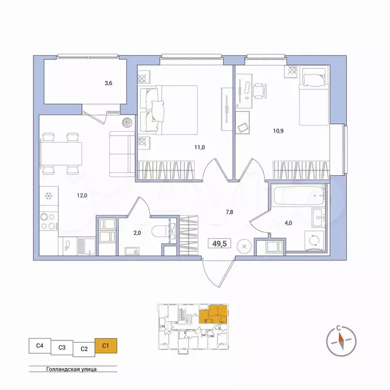 2-к. квартира, 49,5 м, 4/11 эт. - Фото 0