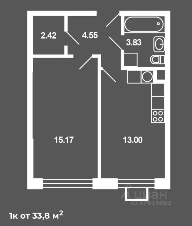Квартира, 1 комната, 36.9 м - Фото 1
