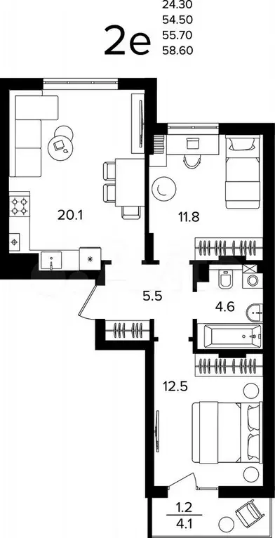 2-к. квартира, 55,7 м, 2/4 эт. - Фото 1