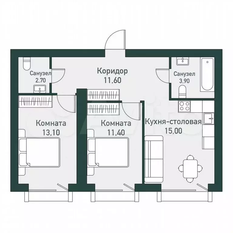 2-к. квартира, 58 м, 6/7 эт. - Фото 0