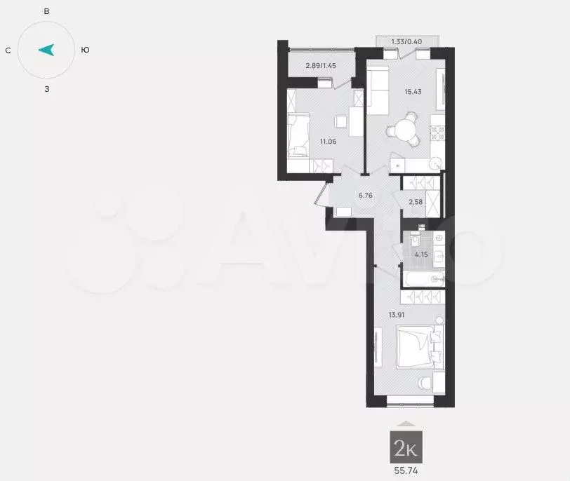 2-к. квартира, 55,7 м, 9/9 эт. - Фото 1