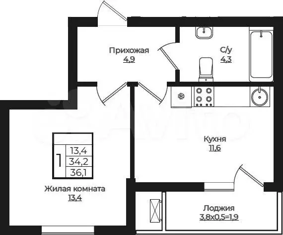 1-к. квартира, 36,1 м, 3/7 эт. - Фото 1