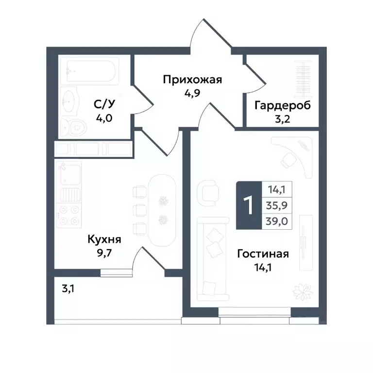 1-к кв. Ставропольский край, Ставрополь ул. Андрея Голуба, 11Б (39.0 ... - Фото 1