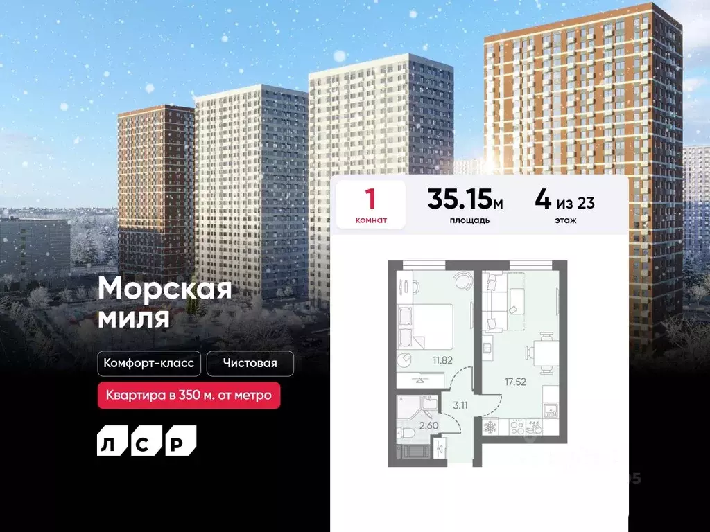 1-к кв. Санкт-Петербург Морская миля жилой комплекс (35.15 м) - Фото 0