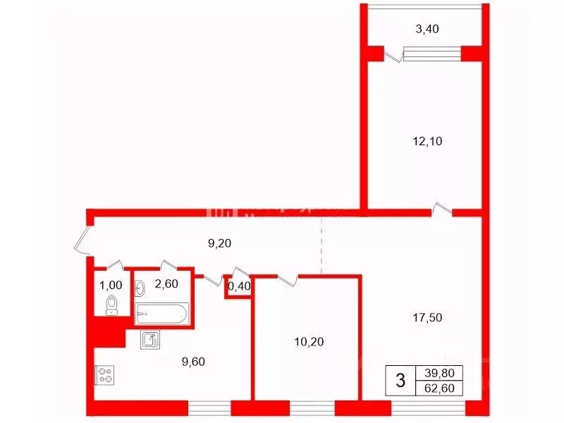 3-к кв. Санкт-Петербург Искровский просп., 17К1 (62.6 м) - Фото 2