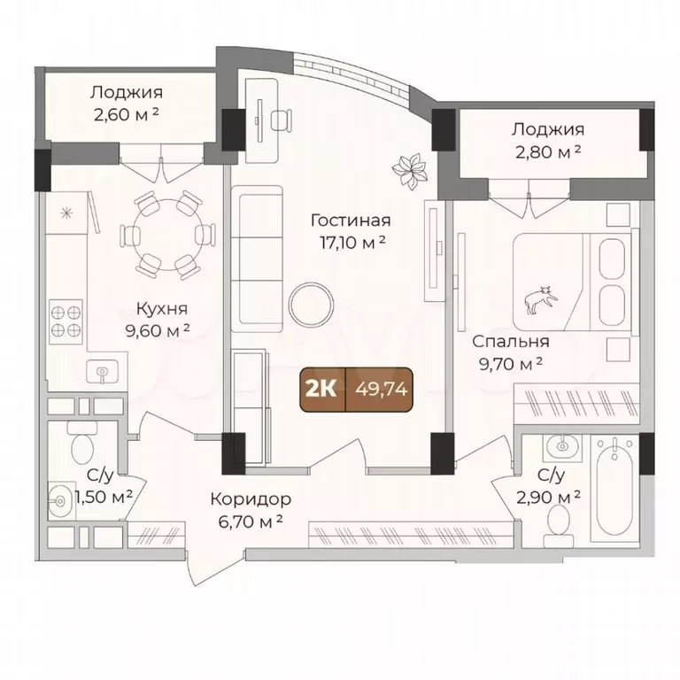 2-к. квартира, 49,7 м, 5/9 эт. - Фото 0