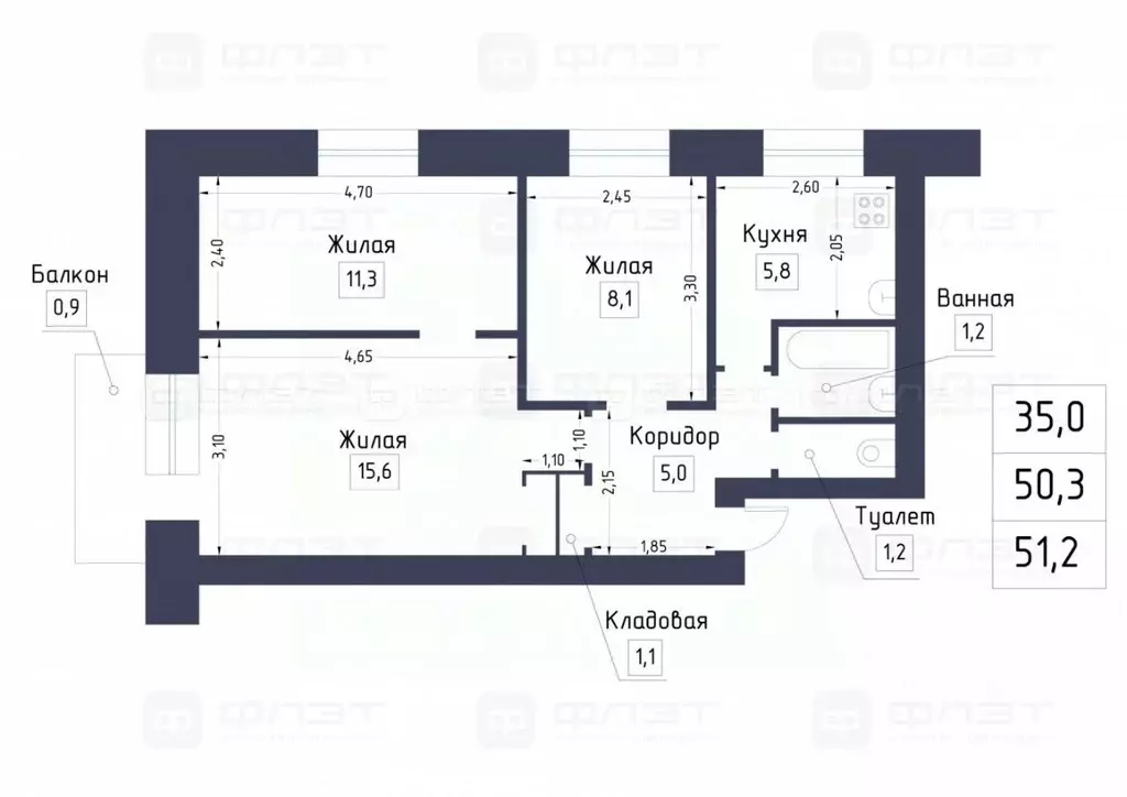 3-к кв. Татарстан, Казань Хлебозаводская ул., 5 (51.2 м) - Фото 1