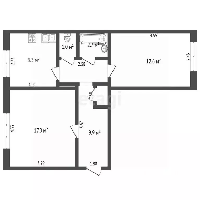 2-к кв. Кемеровская область, Березовский ул. Фрунзе, 42 (51.7 м) - Фото 1
