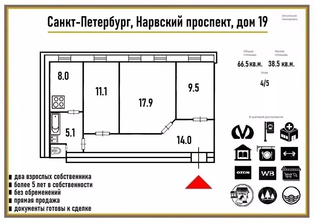 3-к кв. Санкт-Петербург Нарвский просп., 19 (66.5 м) - Фото 2