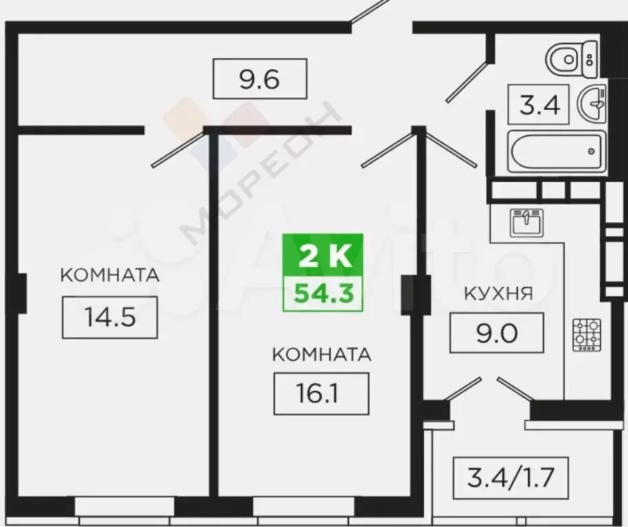 2-к. квартира, 54 м, 15/16 эт. - Фото 0