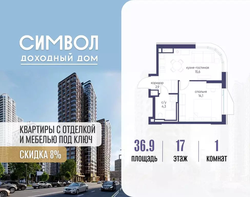 1-к кв. Москва Символ жилой комплекс (36.9 м) - Фото 1